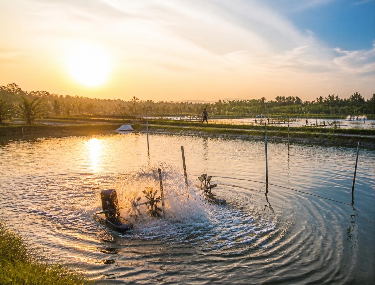 Aerated shrimp and fish pond at sunrise