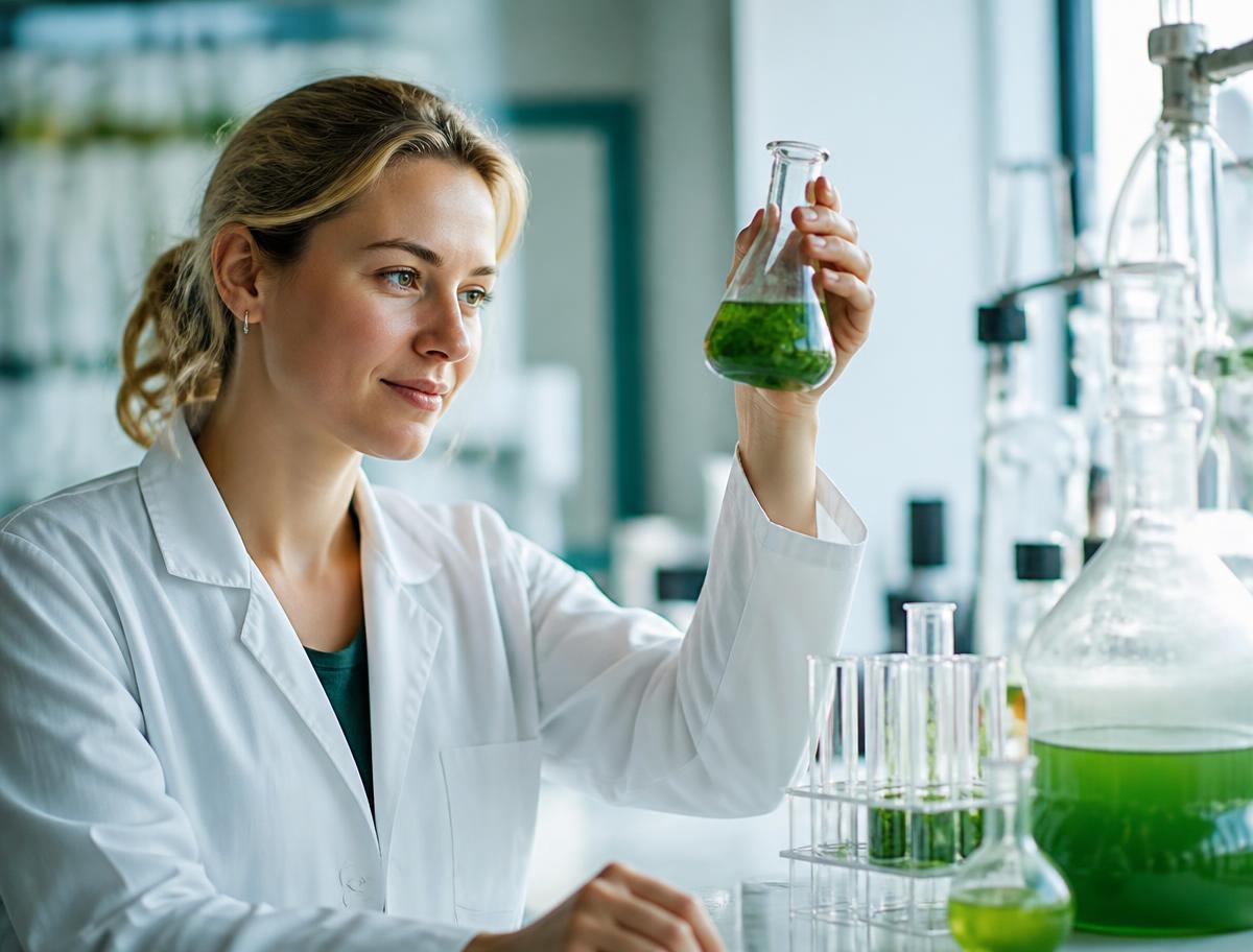 Researcher examining a microalgae culture sample